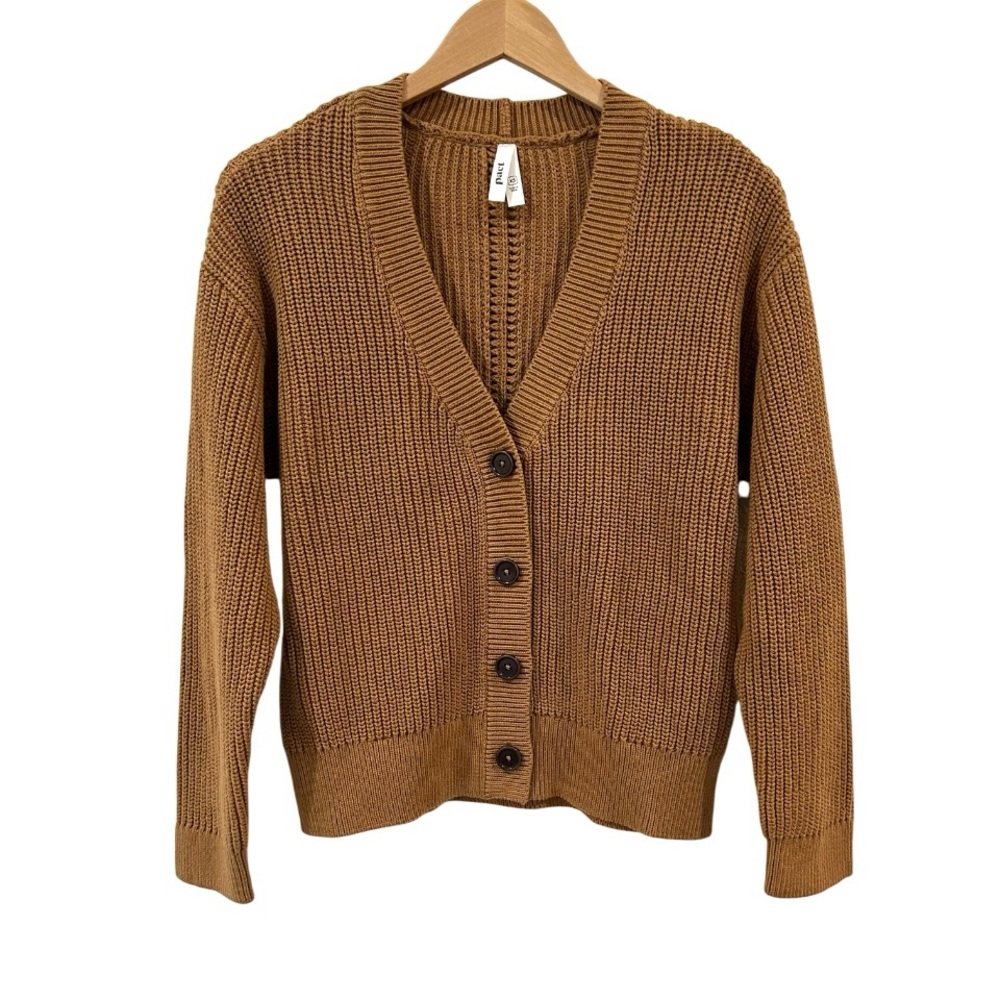 Pact women’s Luxe Knit organic cotton Cardigan XS Camel fair trade button NWOT